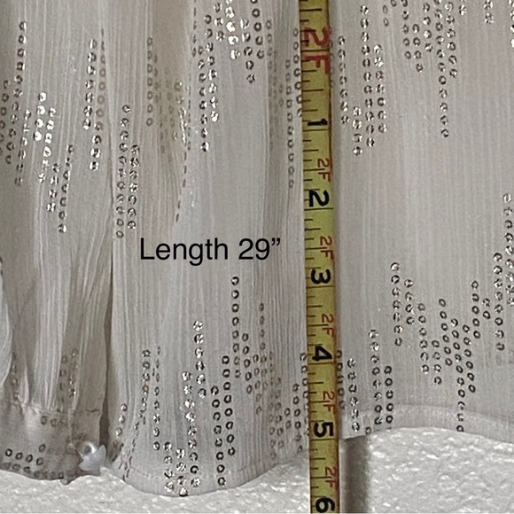 Christopher & Bank Blouse Glam Satin Ivory & Silver M Relax Long Sleeve Button - Picture 9 of 10